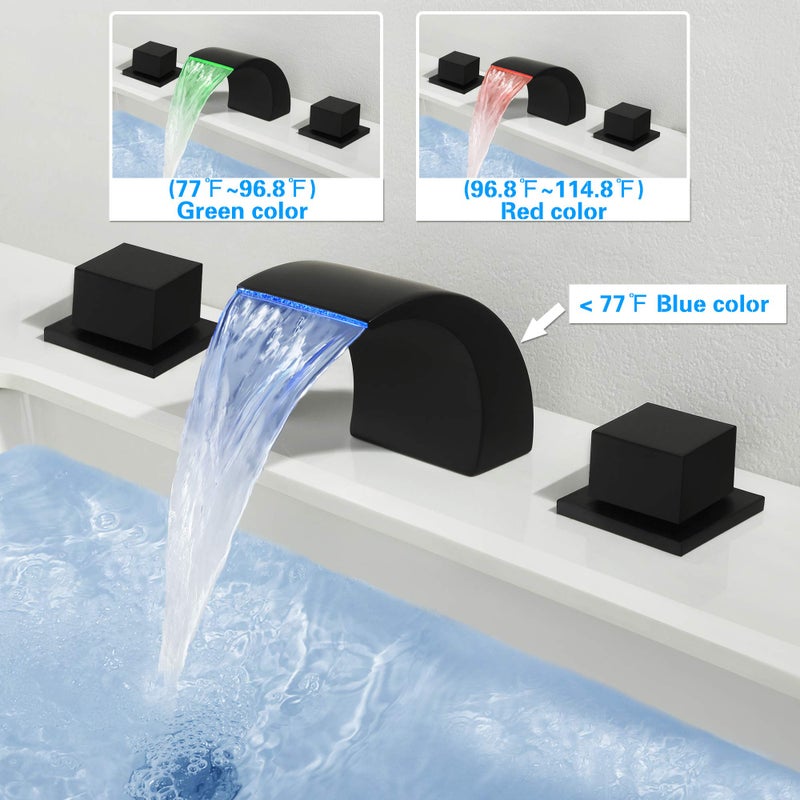 SKOWLL Matte Black Waterfall Bathroom Faucet, LED 8 Inch Widespread Bathroom Faucet 3 Hole, Modern Waterfall Vanity Sink Faucets with 2 Knobs - Image 4